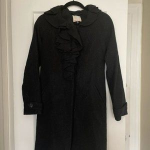 Rebecca Taylor Black Knee Length Belted Ruffle Coat